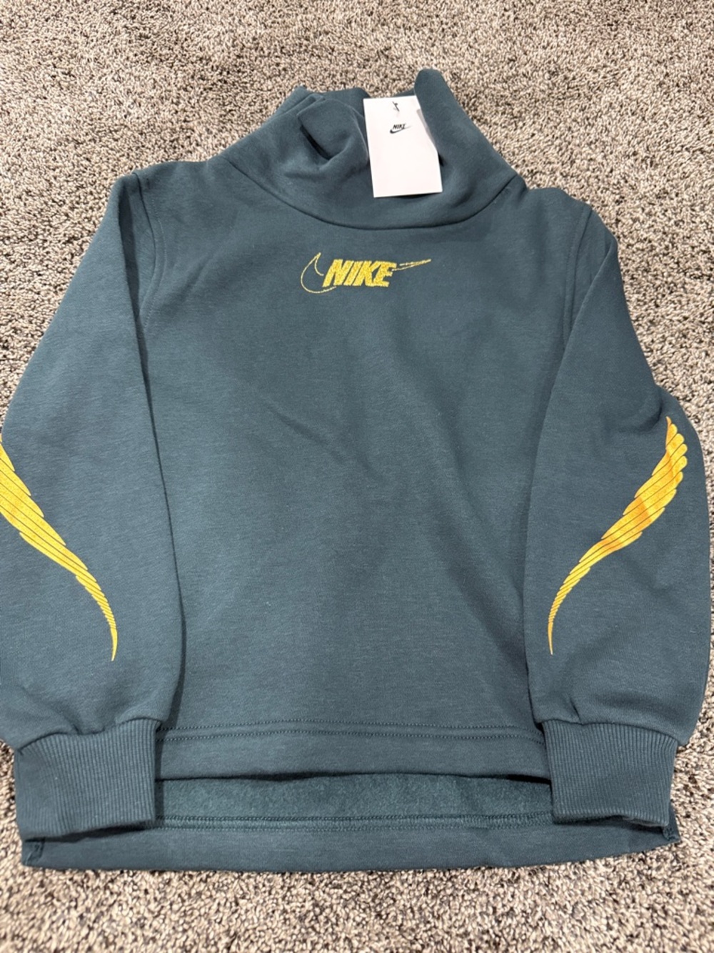 Nike greenish funnel neck sweatshirt  with gold Swoosh & Wing Accents. NWT
